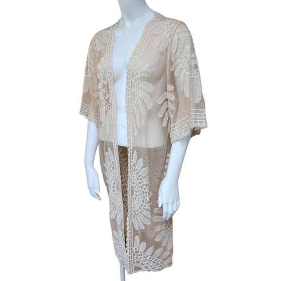 Rebellion Again Tan Sheer Embroidered Kimono (S) - Picture 1 of 5